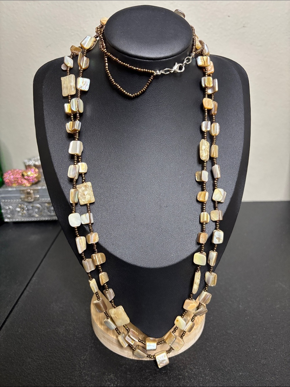 Layered Boho Shell Bead Necklace in Champagne and Brown - Women Jewelry
